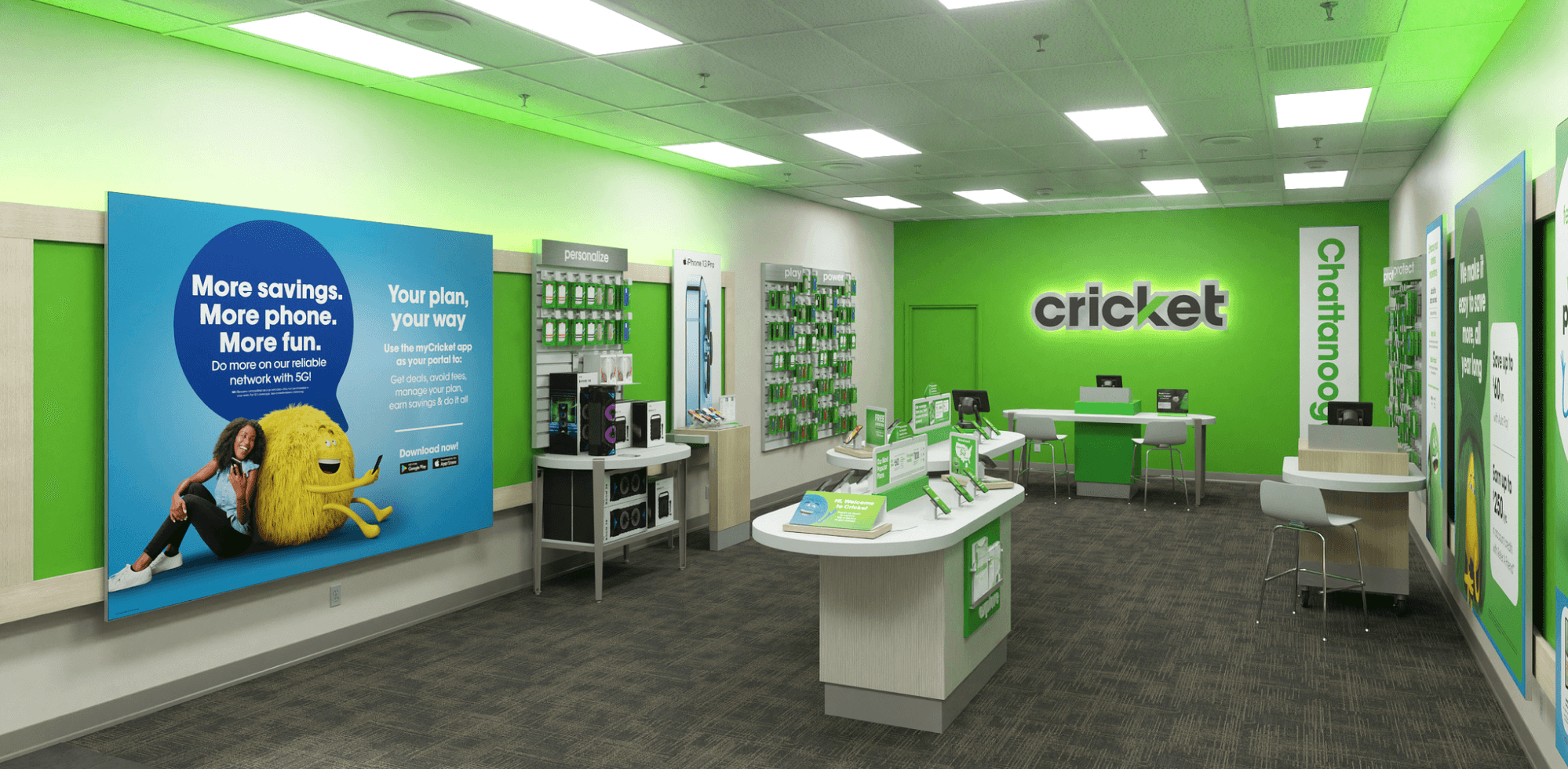 Cricket Wireless store interior — green walls, display counters, live demo handsets